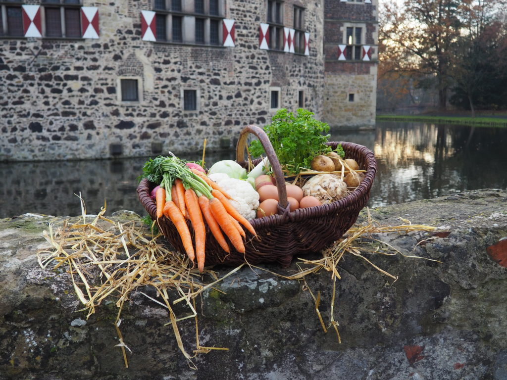 Veranstaltungsfoto vom Hof auf die Burg. Korb mit frischem Gemüse, Kräutern und Eiern auf der Burgmauer