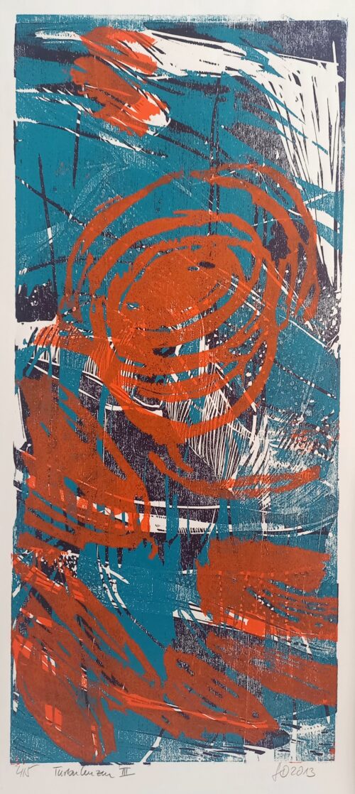 Gabi Dahl, Turbulenzen III (rot), 2013, Farbholzschnitt, 40 x 60 cm (gerahmt)