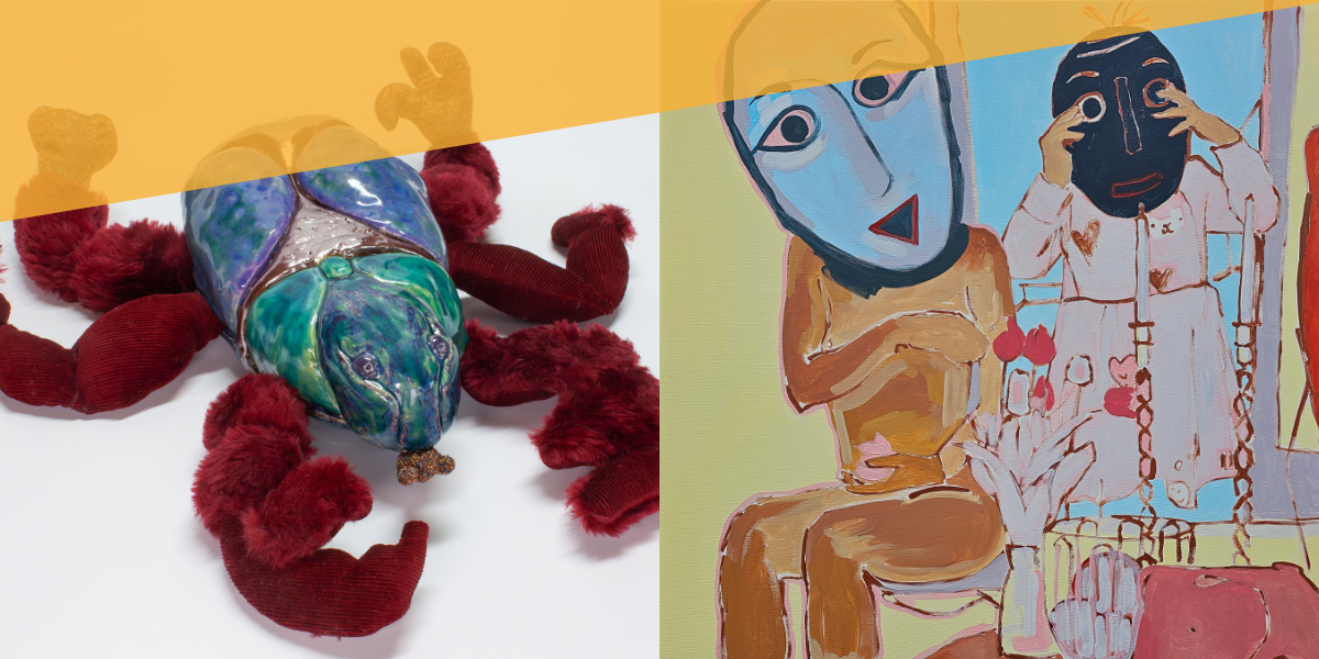 Links ist ein Foto von einem Skarabäus aus Keramik und Textil, rechts ein Gemälde mit zwei maskierten Personen.