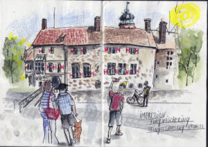 Urban-Sketching-Zeichnen-Workshop-Burg-Vischering Aquarellzeichnung der Burg Vischering mit Touristen im Vordergrund
