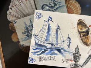 die-kunst-der-dinge-zeichenworkshop-skizzieren-burg-vischering Aquarellzeichnung einer Delfter Fliese mit Segelschiff-Motiv.